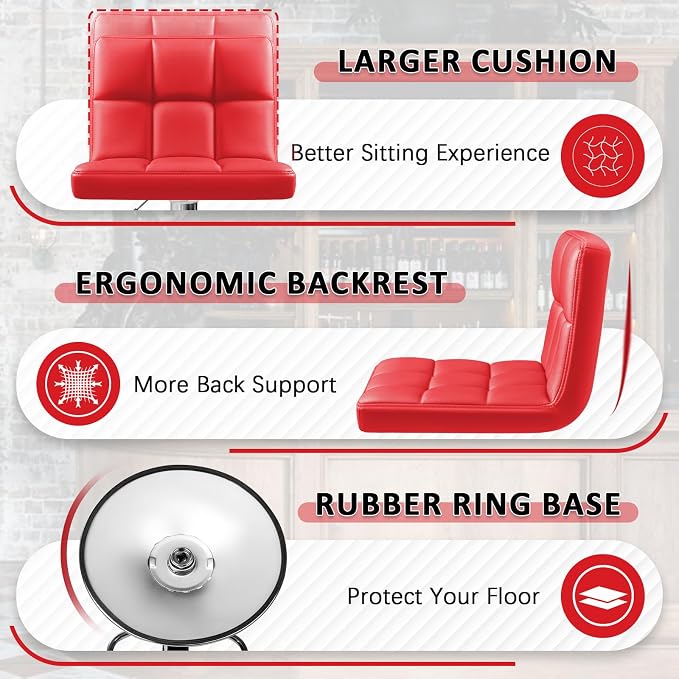 Homall Bar Stools Modern PU Leather Adjustable Swivel Barstools, Armless Hydraulic Kitchen Counter Bar Stool Extra Height Square Island Barstool with Back Set of 2 (Leather, Red)