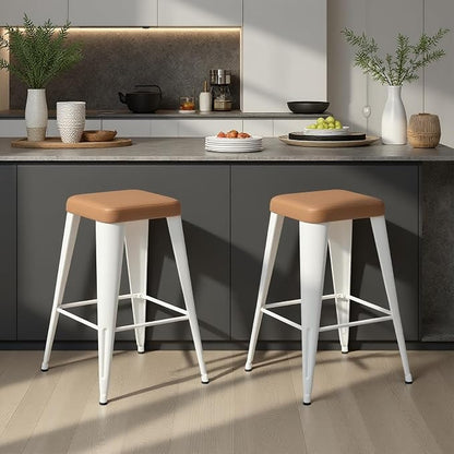 Bar Stools Set of 2, 24" Counter Height Bar Stools Backless, Upholstered Bar Stools with Brown Seat and White Metal Legs for Kitchen Island, Study Room, Cafe