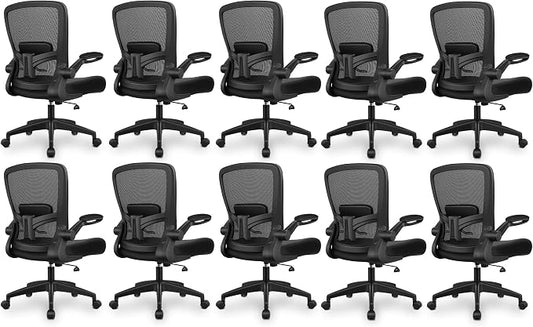 FelixKing Office Chair, Ergonomic Desk Chair Breathable Mesh Chairs Adjustable High Back Lumbar Support Flip-up Armrests, Executive Rolling Swivel Comfy Computer Chairs Home Office Black, Pack of 10