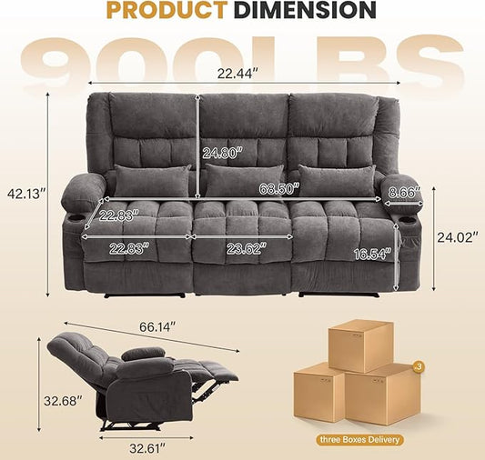 BOSMILLER Reclining Sofa with Cup Holders for Living Room 3 Seat Manual Sofa Recliner with Side Pocket