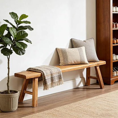 Narrow Entryway Bench Farmhouse Wood End of Bed Bench 20" 32" 39" 47" 55" 63" 71" 79" Sturdy Stable Skinny Long Benchs for Bedroom Hallway Dining Room Porch Easy to Assemble Natural Finish(55")
