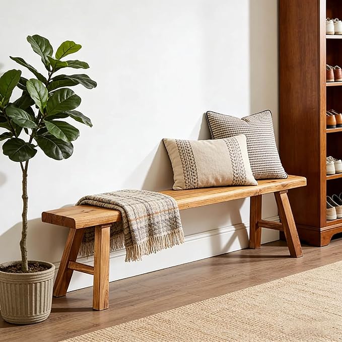 Narrow Entryway Bench Farmhouse Wood End of Bed Bench 20" 32" 39" 47" 55" 63" 71" 79" Sturdy Stable Skinny Long Benchs for Bedroom Hallway Dining Room Porch Easy to Assemble Natural Finish(71")