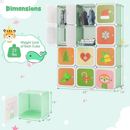 HONEY JOY Kids Wardrobe Closet, Baby Cartoon Clothes Storage Organizer, 12 Cubes & 2 Hanging Sections, Portable Children DIY Modular Bedroom Armoire Dresser Cabinet for Boys Girls (Green)