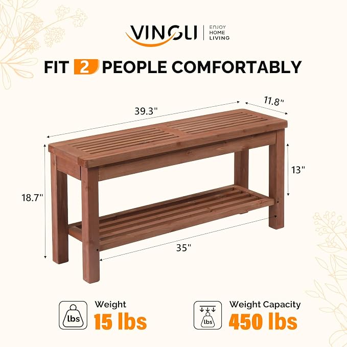 VINGLI Rustic Storage Bench, Solid Wood Seat with Storage Shelf, Indoor Outdoor Shoe Rack, 450lbs Capacity Small Outdoor Bench for Mudroom Entryway Patio Porch (Brown, 40in)