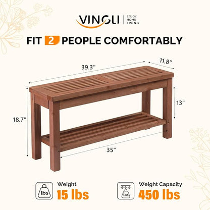 VINGLI Rustic Storage Bench, Solid Wood Seat with Storage Shelf, Indoor Outdoor Shoe Rack, 450lbs Capacity Small Outdoor Bench for Mudroom Entryway Patio Porch (Brown, 40in)