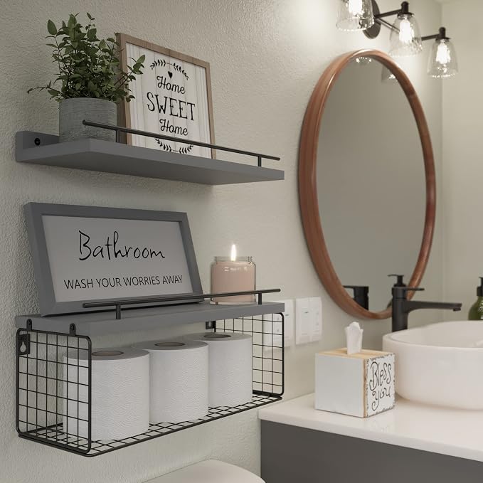 WOPITUES Floating Shelves for Wall Decor Sign, Bathroom Organizers and Storage, Bathroom Shelves Over Toilet with Metal Guardrail-Modern Grey