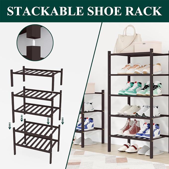 Smiry Small Bamboo Shoe Rack, 6 Tier Free Standing Wooden Shoe Organizer, Stackable Wood Shoe Storage Shelf for Closet, Entryway, 12 Vertical Slats, 2+2+2 Stack Standard Legs, 17.3"x11"x39", Brown