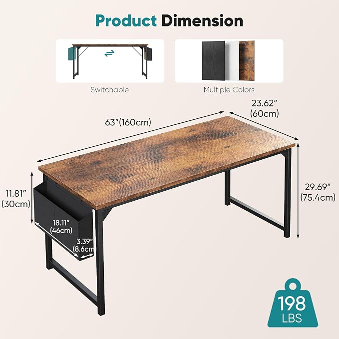 OLIXIS Computer Desk, 63 Inch Home Office Desks for Small Spaces, Writing Craft Study Gaming Table for Bedroom, Modern Computer Workstation with Storage Bag, Rustic Brown
