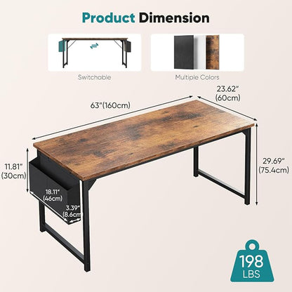 OLIXIS Computer Desk, 63 Inch Home Office Desks for Small Spaces, Writing Craft Study Gaming Table for Bedroom, Modern Computer Workstation with Storage Bag, Rustic Brown