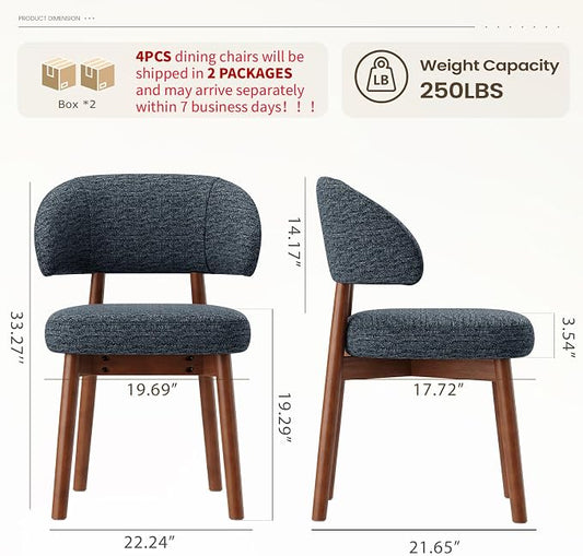 MALOL Wooden Dining Chairs Set of 4, Modern Upholstered Dining Room Chair, Fabric Kitchen Side Chairs with Curved Open Back for Living Room/Restaurant/Cafe, Dark Blue