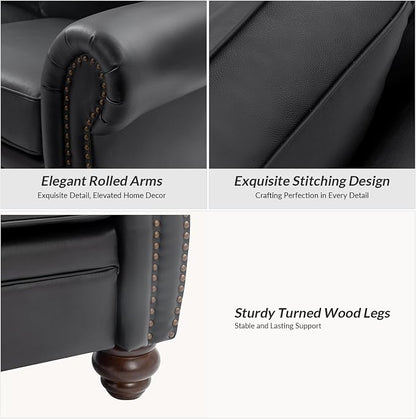 60" Wide Genuine Leather Chesterfield Loveseat, 2 Seat Leather Sofa with Rolled Arms, Nailhead Trim for Living Room Furniture, Easy Assembly – Black