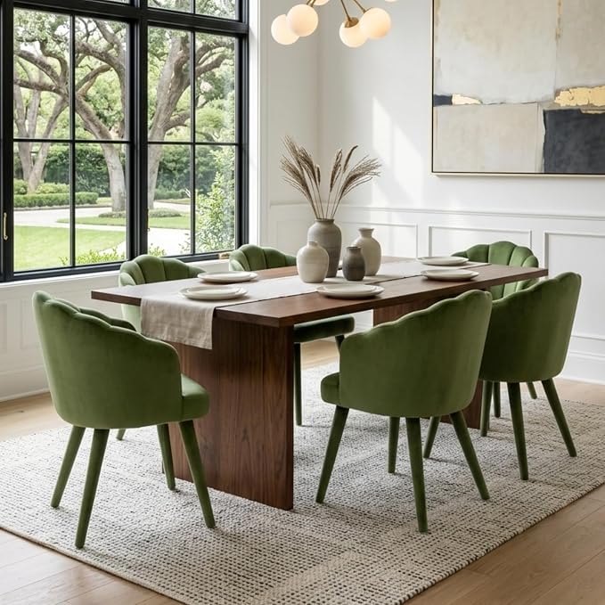 Hyfirm Velvet Dining Chairs Set of 4, Upholstered Modern Kitchen Dining Chairs with Petal Back & Fabric Covered Wooden Legs, Comfy Accent Armchairs for Bedroom/Kitchen/Vanity, Olive