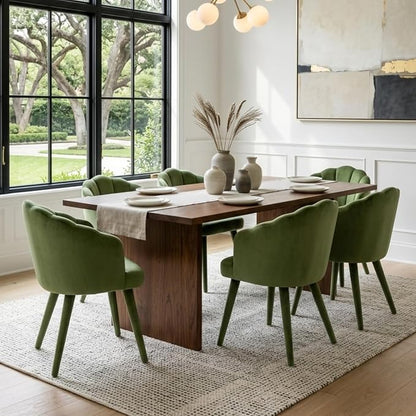 Hyfirm Velvet Dining Chairs Set of 6, Upholstered Modern Kitchen Dining Chairs with Petal Back & Fabric Covered Wooden Legs, Comfy Accent Armchairs for Bedroom/Kitchen/Vanity, Olive