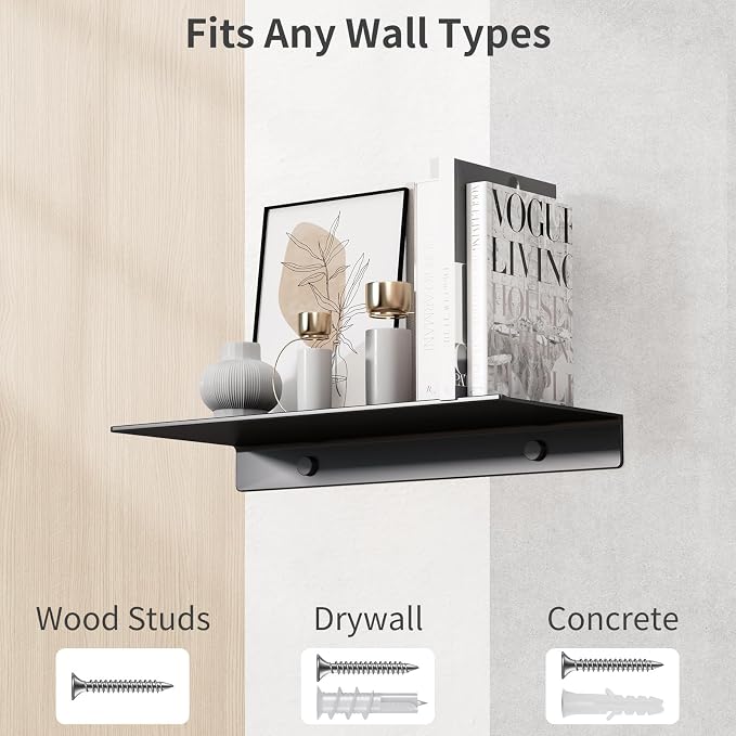 Danpoo 8 inch Small Floating Shelf for Wall Organizer & Storage, Mini Display Shelf, Metal Wall Shelf for Bathroom, Living Room, Kitchen, Bedroom(Matte Black)