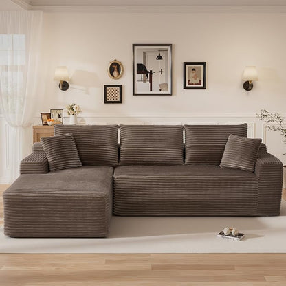 108" L Shaped Cloud Boneless Sectional Couches for Living Room, Modern Comfy Modular Deep Seat Memory Foam Compressed Corduroy Sofa Oversized Left Facing Chaise, No Assembly Required, Brown