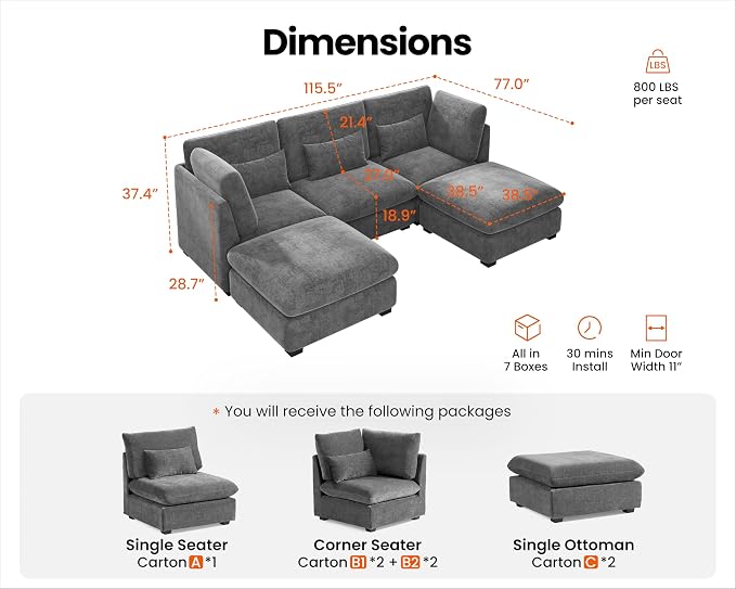 115" Oversized Chenille Couch Modular Sectional Sofa, Washable Cloud Couch Sectional with 2 Ottoman, 5 Seater Sectional Couches for Living Room, Fully Cover Removable, U Shaped, Chenille, Grey