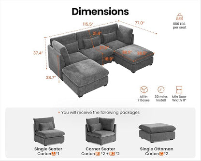 115" Oversized Chenille Couch Modular Sectional Sofa, Washable Cloud Couch Sectional with 2 Ottoman, 5 Seater Sectional Couches for Living Room, Fully Cover Removable, U Shaped, Chenille, Grey
