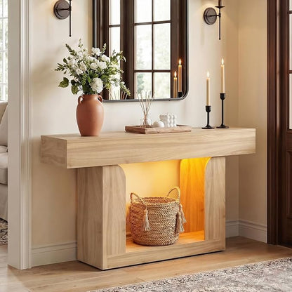 Homieasy Console Table, 47" Entryway Table with LED Lights & Charging Station, Farmhouse Wooden Sofa Table Behind Couch, Narrow Hallway Table for Living Room, Foyer, Entry, Natural Oak