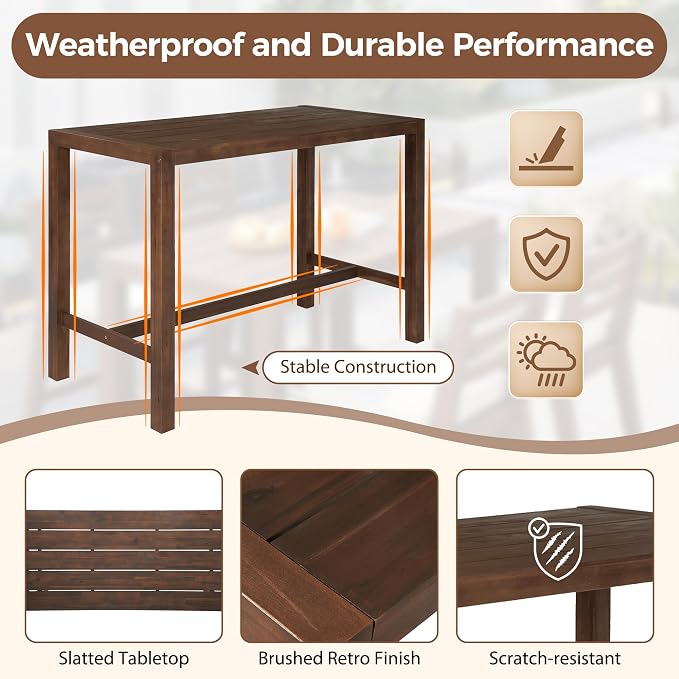 Quarte 5-Piece Acacia Wood Patio Bar Set, Rustic Outdoor Dining Table & Chairs, All-Weather Solid Wood Slatted Tabletop, Space-Saving for Garden, Patio, or Balcony (Mocha-5)