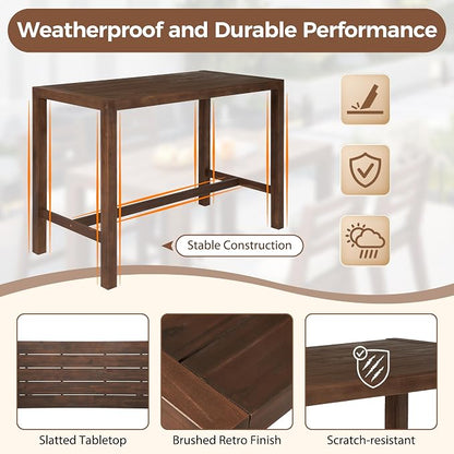 Quarte 5-Piece Acacia Wood Patio Bar Set, Rustic Outdoor Dining Table & Chairs, All-Weather Solid Wood Slatted Tabletop, Space-Saving for Garden, Patio, or Balcony (Mocha-5)