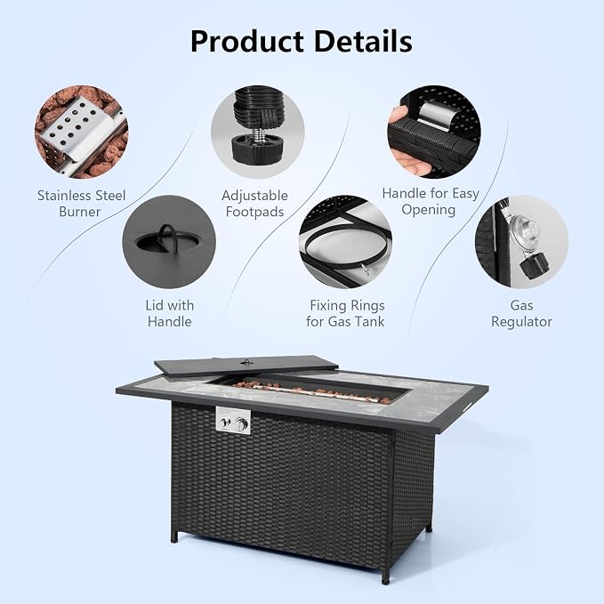 COSTWAY 52" Patio Propane Fire Pit Table, 50,000 BTU Outdoor Fire Table, Electric Pulse Ignition, Marble Tabletop & Weatherproof Rattan, Protective Cover Included, Perfect for Backyard, Poolside