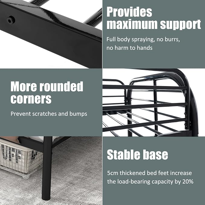 Flolinda Metal Bunk Bed Twin Over Twin, Heavy Duty Bunk Beds with 2 Ladders and 11.8" Full-Length Guardrail, Space-Saving Bunk Bed with Storage, No Box Spring Needed, Easy Assemble, Black