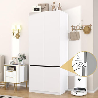 White Armoire Wardrobe Closet: 74" Wooden Wardrobe Closet with 2 Doors, Bedroom Armoires with Hanging Rod, Tall Closets Cabinet for Hanging Clothes (31.5")