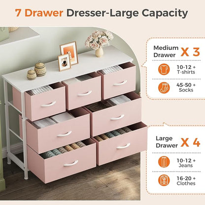 Sweetcrispy 7 Drawer Dresser with Fabric Bins, Fabric Storage Tower Organizer for Bedroom, Closet, Hallway, Entryway, Tall Chest of Drawers with Steel Frame, Wood Top, Large Storage, Pink