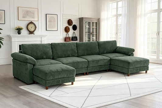 Oversized L Shaped Sectional Couch for Living Room, Extra Large Deep Seat Modular Sectional Sofa with Washable Covers, Modern Cloud Couch for Apartment, Bedroom (Green, U Shape 6 Seat)