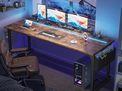 DurayLoly 71"Computer Desk with LED Lights, Large Office Desk for 3 monitors or 2 laptops,Long Desk with Storage Bag&Headphone Hook for Study Writing Work Gaming Desk,Sturdy Metal Frame,Bedroom,Brown