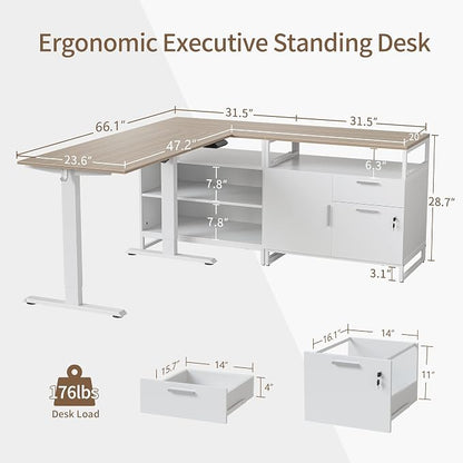 FEZIBO 66 Inches L Shaped Standing Desk with Drawers & Shelves, Executive Desk Adjustable Height Desk, Light Walnut Top/White Frame