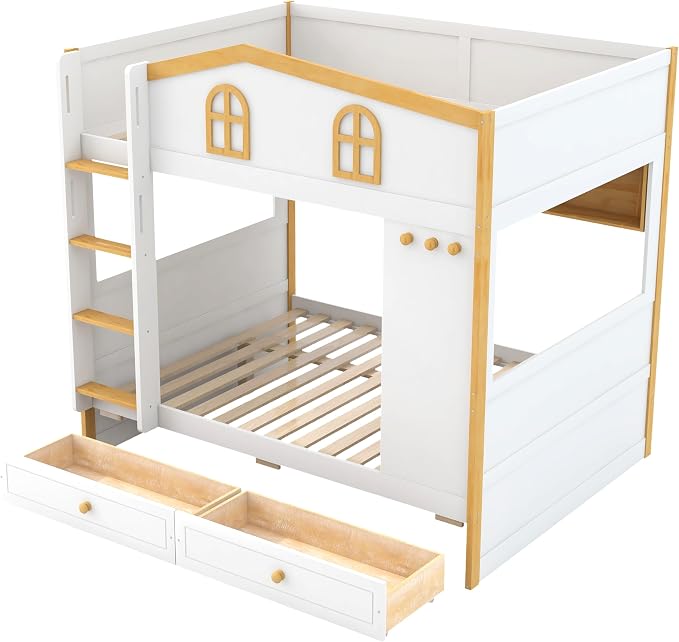 Bellemave Bunk beds Full Over Full with Twin Size Drawers, Low bunk Bed for Kids Adults and Teenagers，White