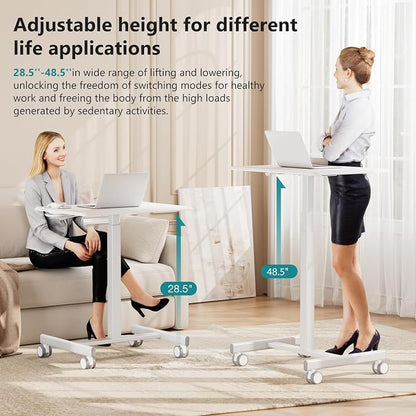 DUMOS Mobile Rolling Desk with Wheels Adjustable Height Small Standing Desks Portable Laptop PC Table Computer Workstation for Home Office Small Space White