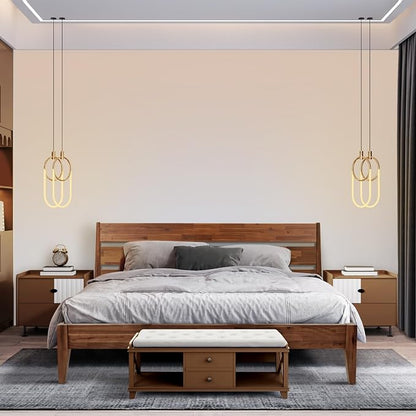 Acacia Emery Bed Frame with Headboard Solid Wood Platform Bed, Queen Size Bed Frame, Mid - Century Modern Wood Bed Compatible with All Mattresses, Easy Assembly, Non-Slip, Walnut