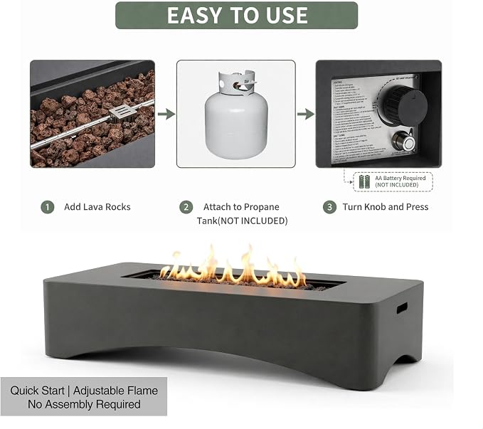 56" Propane Fire Pit Table, 50,000 BTU Rectangular Outdoor Gas Fire Pit, Concrete Patio Fire Table with Tank Seat, Lava Rocks & Waterproof Cover for Backyard Deck, Dark Grey