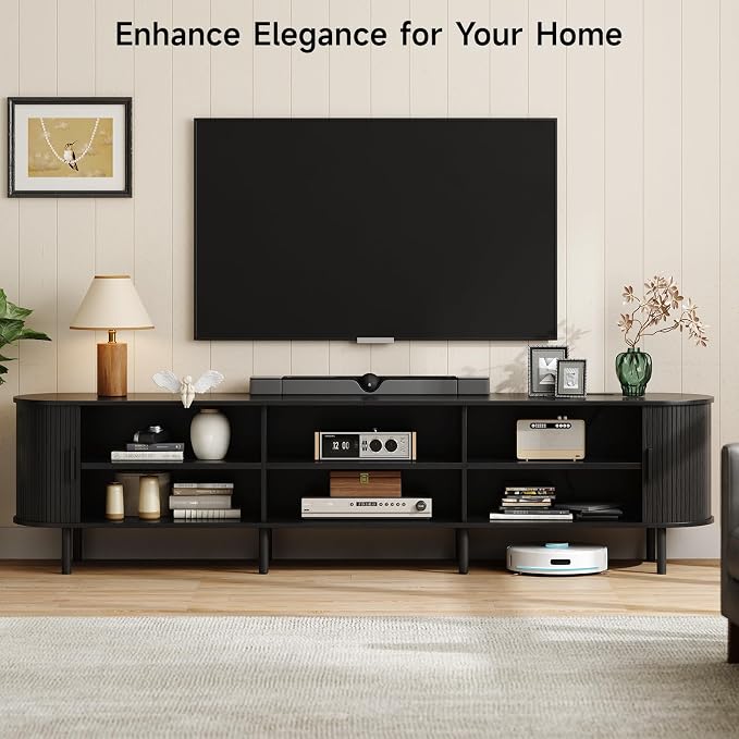 ONBRILL 94.5" TV Stand with Power Outlet for TVs up to 102 Inch, Entertainment Center with Storage and Adjustable Shelves, Modern Media Console with Sliding Doors for Living Room, Black