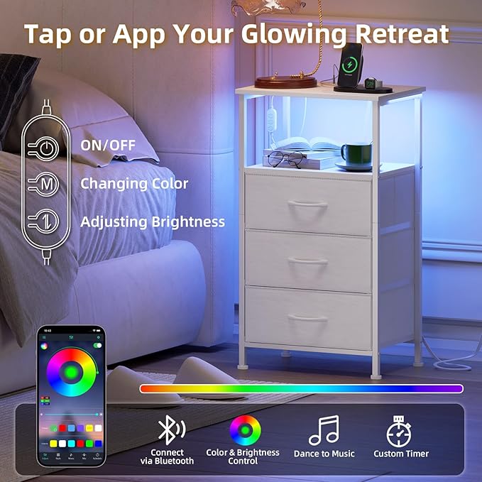 Somdot Nightstands Set of 2,Bedside Tables with Charging Station and LED Lights,Night Stand with 3 Fabric Drawers, End Tables with Open Shelf for Small Spaces Bedroom Entryway Hallway, White Leather