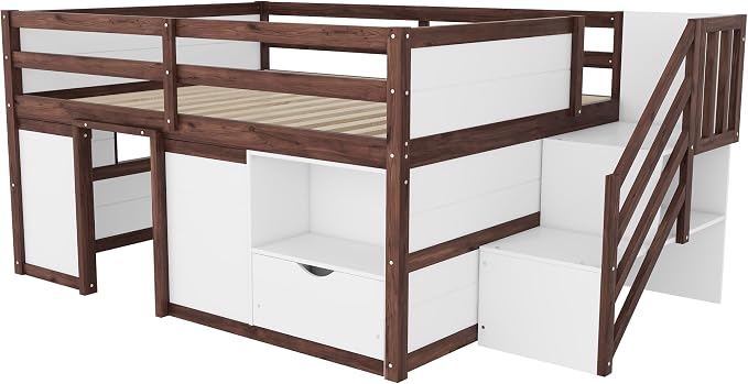 Bellemave Full Size Low loft Bed for Kids,Wood Loft Beds,Modern Farmhouse Full loft Bed,Loft Bed with Desk and Storage, No Box Spring Needed,for Kids, White + Walnut