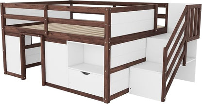 Bellemave Full Size Low loft Bed for Kids,Wood Loft Beds,Modern Farmhouse Full loft Bed,Loft Bed with Desk and Storage, No Box Spring Needed,for Kids, White + Walnut