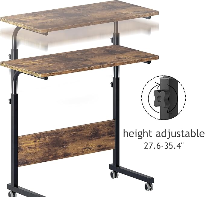 DlandHome Rolling Desk Adjustable Standing Desk, Mobile Side Table 31.4 Inches w/Wheels Adjustable C Table Movable Portable Laptop Computer Stand for Bed Sofa,Retro