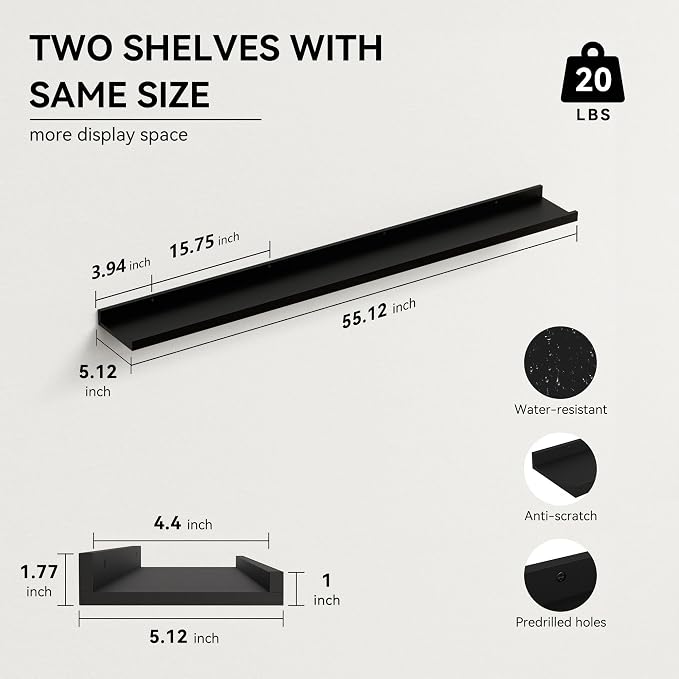 Boswillon 55.1 Inches Long Floating Shelves, 2 Set Modern Wall Shelf for Bedroom, Nursery Book Shelf with Lip, Picture Ledge Shelf for Wall Decor Living Room Bathroom Kitchen - Black