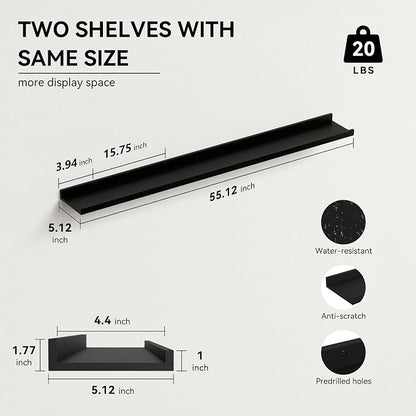 Boswillon 55.1 Inches Long Floating Shelves, 2 Set Modern Wall Shelf for Bedroom, Nursery Book Shelf with Lip, Picture Ledge Shelf for Wall Decor Living Room Bathroom Kitchen - Black