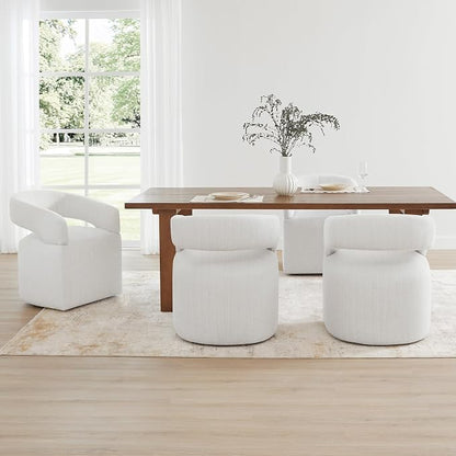 KISLOT Upholstered Dining Chairs Set of 2, Modern Rolling Dining Chairs with Hidden Casters, Arm Kitchen Chairs with Linen Look Fabric, Padded Barrel Chairs for Dining Room, Kitchen, Light Linen