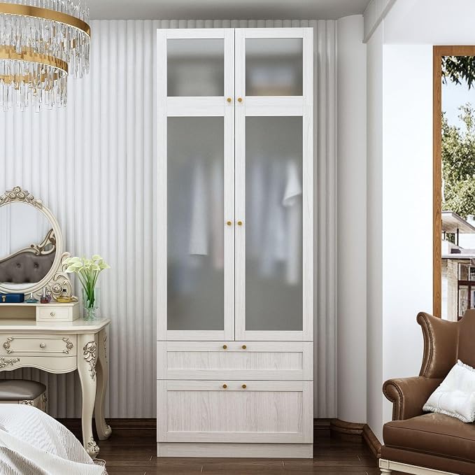 MOUMON Tall Wardrobe with Drawers, Modern Bedroom Armoires with Frosted Glass Doors and Hanging Rod, Armoire Wardrobe Closet with Gold Knobs, Wood Grain 31.5" W x 19.9" D x 86.6" H