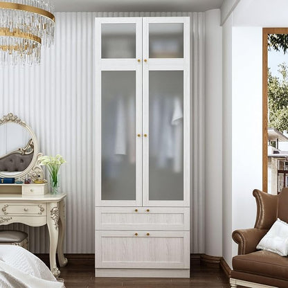 MOUMON Tall Wardrobe with Drawers, Modern Bedroom Armoires with Frosted Glass Doors and Hanging Rod, Armoire Wardrobe Closet with Gold Knobs, Wood Grain 31.5" W x 19.9" D x 86.6" H