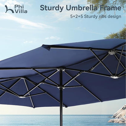 PHI VILLA Patio Dining Set with Umbrella for 6 Person, Outdoor Swivel Dining Chairs Set and 1 Large Rectangular Wooden-Like Top Table with 13ft Navy Blue Outdoor Market Umbrella(No Base)
