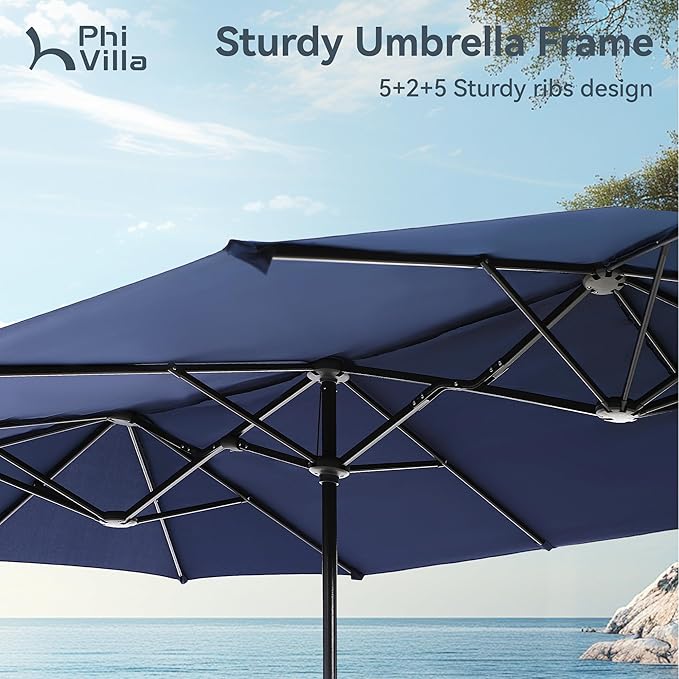 PHI VILLA 8 Piece Patio Dining Set with 13ft Patio Umbrella (Navy Blue), 6 Outdoor Swivel Dining Chairs & 1 Large Metal Dining Table for Deck Lawn Garden (No Umbrella Base)