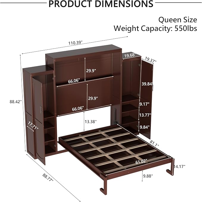 Merax Queen Size Wood Murphy Bed, with 2 Wardrobe and Storage Shelf, Multifunctional Foldable Wall Platform Bedframe for Guest-Room, Bedroom, Walnut