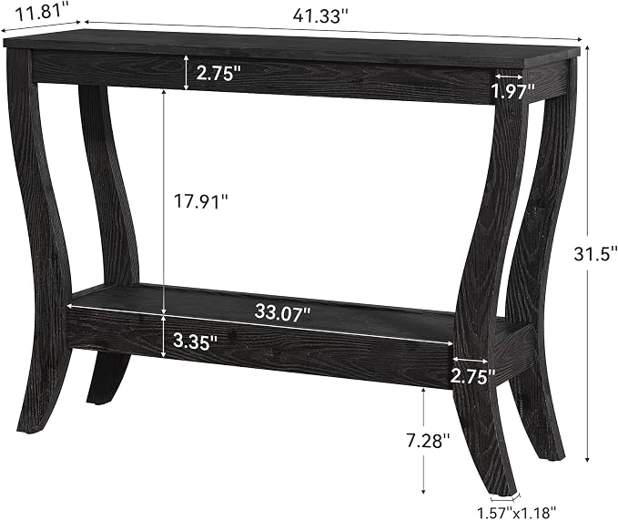 Solid Wood Console Table with Storage, 41.3-Inch Farmhouse Entryway Table with Shelf, 2-Tier Wooden Sofa Table for Living Room, Hallway, Foyer (Black)