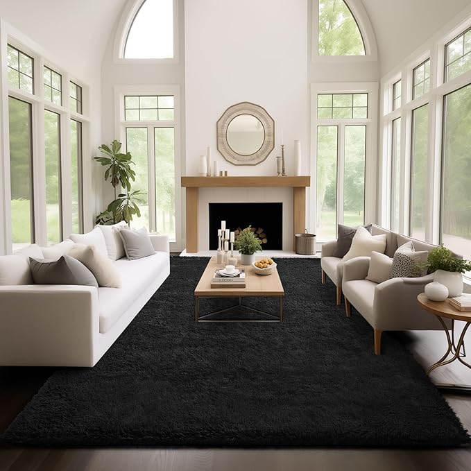 Ophanie Area Rugs 9x12 Living Room, Large Black Bedroom Carpet, Big Shag Indoor Thick Soft Nursery Rug, Fluffy Carpets for Boy and Girls Room Dorm Home Decor Aesthetic with Over 99 pcs Pile fibers